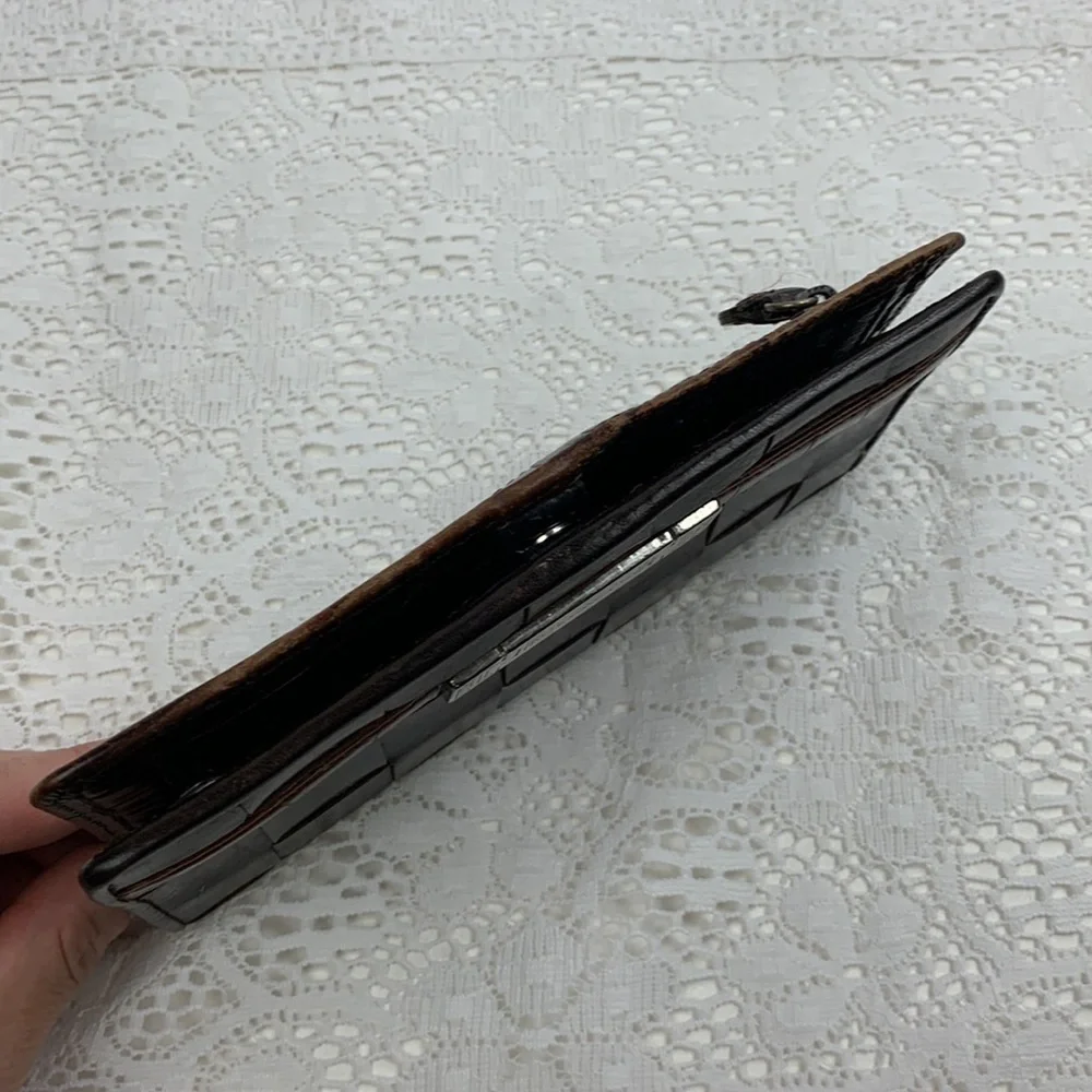 Brighton Vintage Leather Bifold Wallet Brown Black Slip zip pockets Silver logo